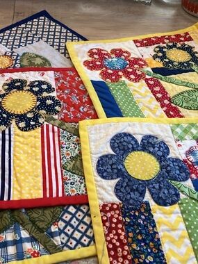 Handmade Floral Patchwork quilted placemats   Yellow, Blue & Red